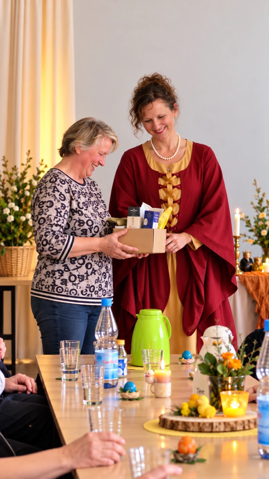 Heike Cordes im bordeauxroten Märchenkleid überreicht bei einer Feier an einem festlich gedeckten Tisch eine Geschenkbox an eine lachende Frau