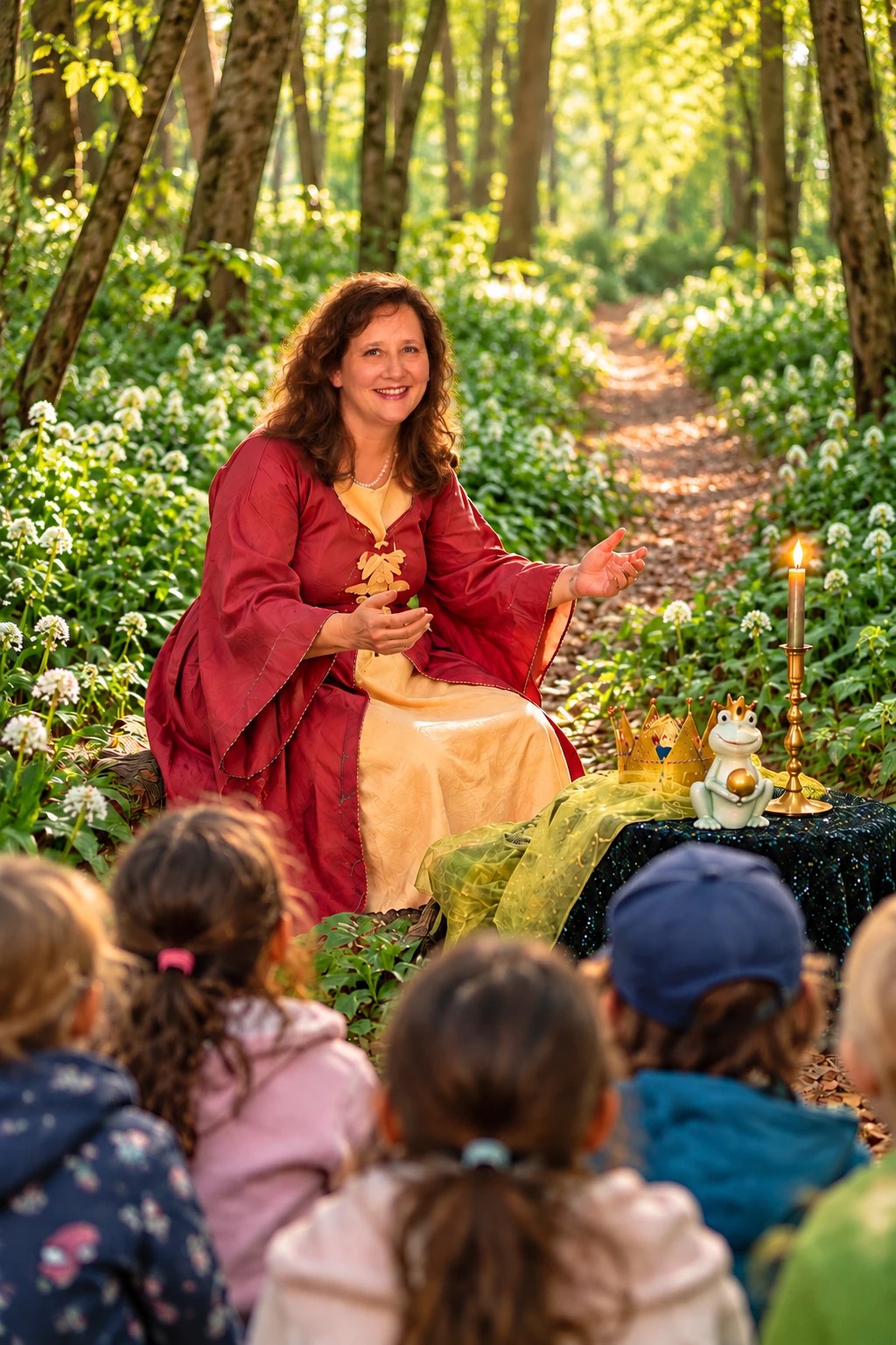 Heike Cordes erzählt im Märchenkostüm Kindern im Wald ein Märchen