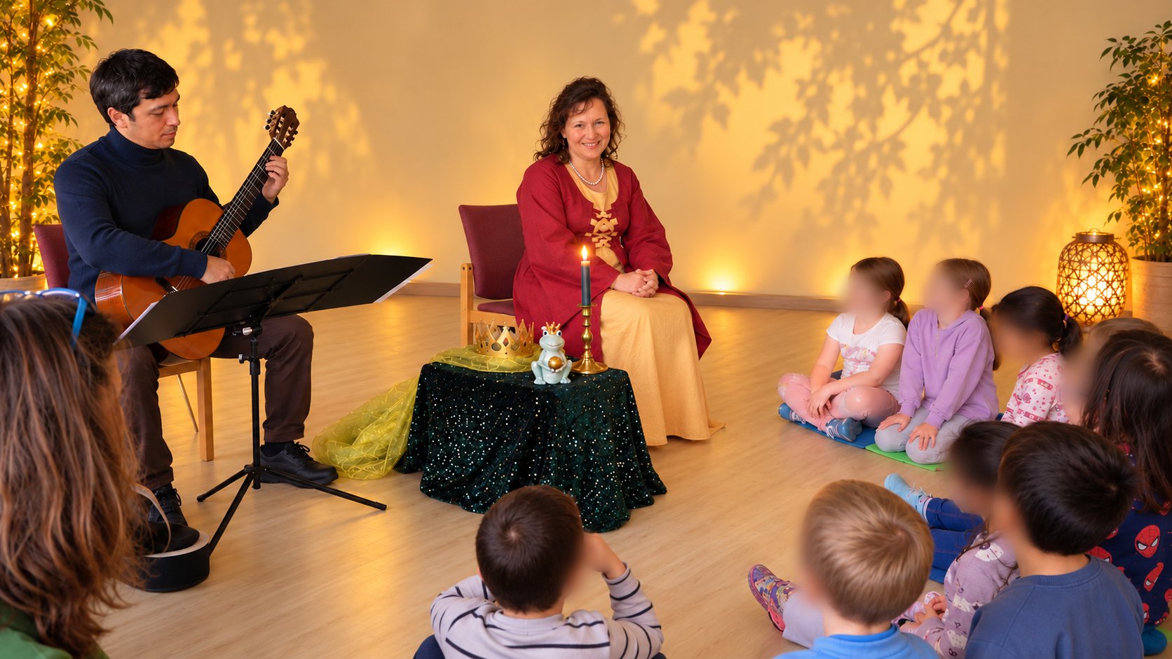 Heike Cordes erzählt im Märchenkostüm einer Kindergruppe ein Märchen, begleitet von einem Gitarristen