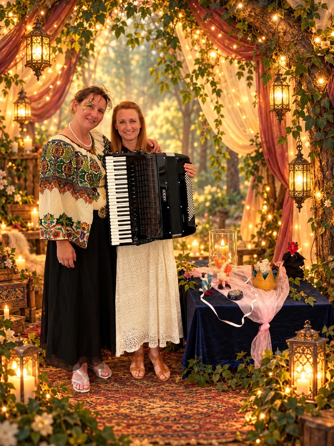 Heike Cordes und die Akkordeonspielerin Nastja Schkinder mit ihrem Akkordeon vor einer märchenhaften Kulisse aus Lichterketten, Laternen und Stoffbahnen