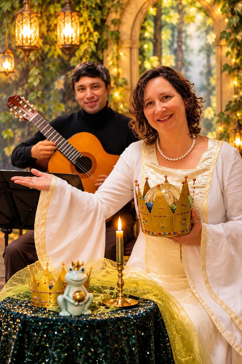Heike Cordes im weißen Märchenkleid mit Krone am Märchentisch, im Hintergrund ein Gitarrist