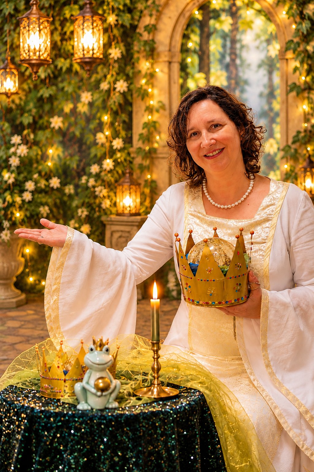 Heike Cordes im weißen Märchenkleid mit Krone am Märchentisch, umgeben von Laternen, Lichterketten und Blüten